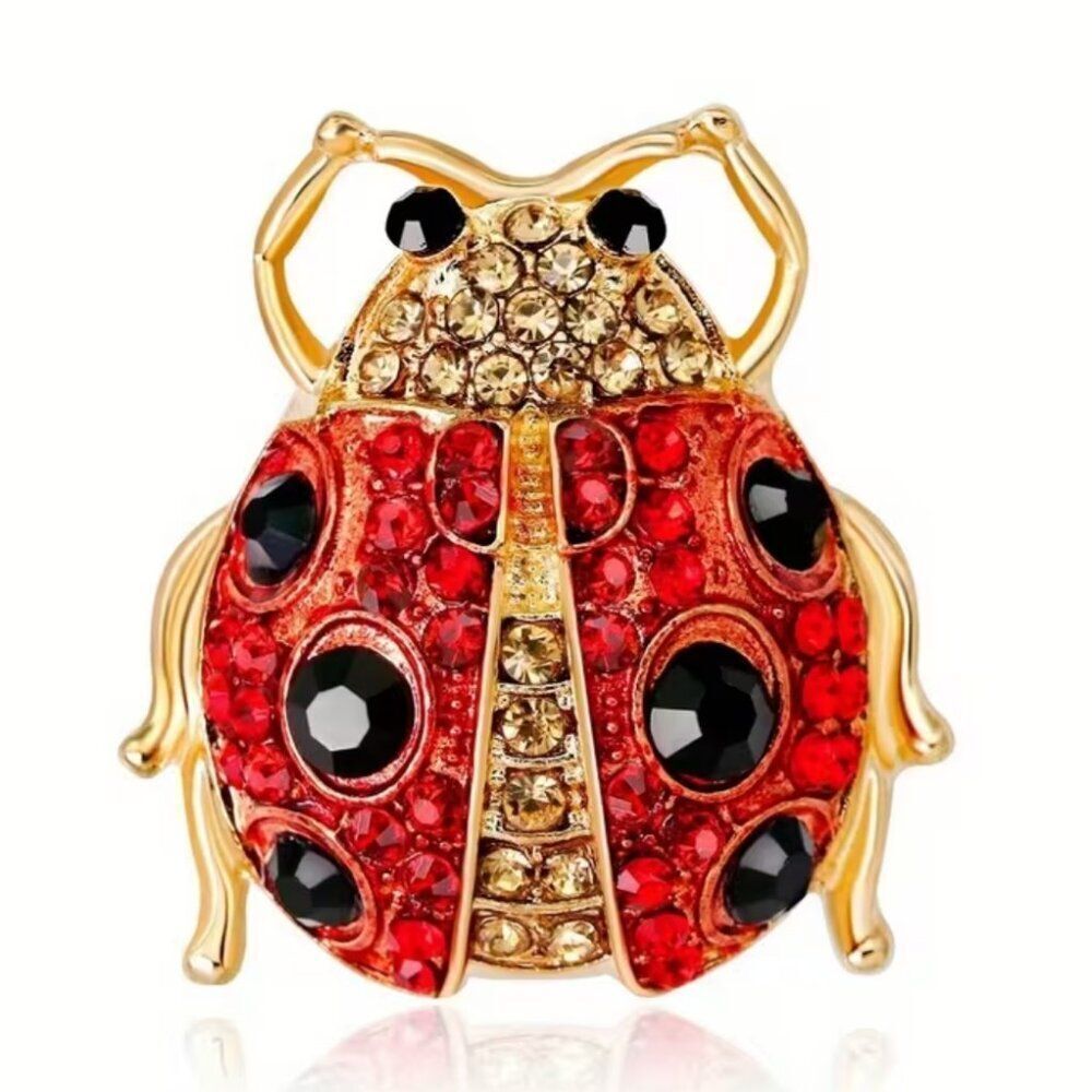 Ladybug Brooch Symbolizing Good Luck & Positivity Red  & Black Rhinestones